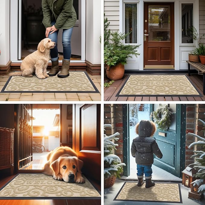 Smiry Welcome Door Mat Outside Entrance, Heavy Duty Trap Dirt and Moisture Easy Clean Low Profile Patio Porch Indoor Outdoor Front Doormat for Entry, 36x24 Inch, Beige/Welcome