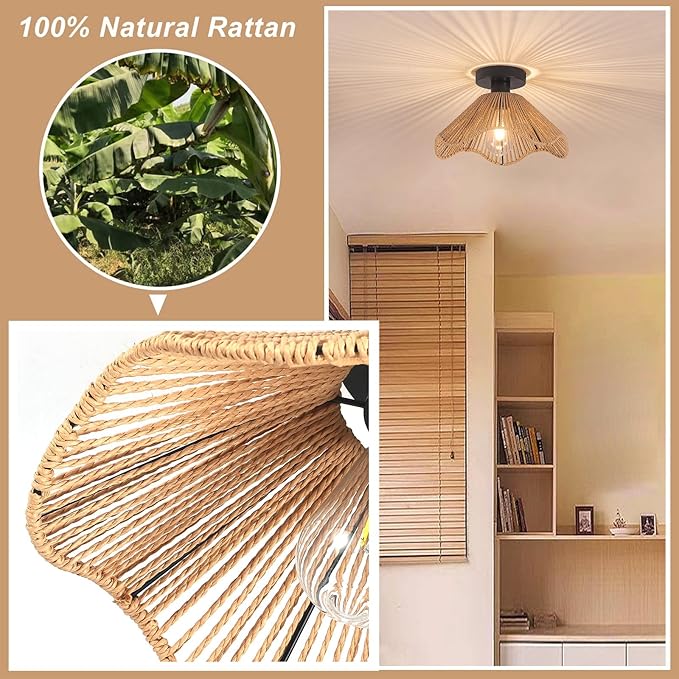 Boho Rattan Ceiling Light Fixture, Mini Rattan Chandelier Lighting Fixture, Hand Woven Ceiling Light Fixtures for Hallway Bedroom Kitchen Entryway Living Room (Light Brown 2)