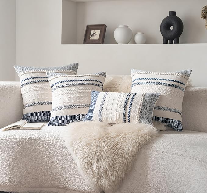 Boho Lumbar Pillow Covers 14x36 Inch Long, Navy Blue Textured Decorative Couch Pillow Cases for Farmhouse Home Decor, Accent Cushion Cover for Sofa, Bed, Living Room, Bedroom, Pack of 1