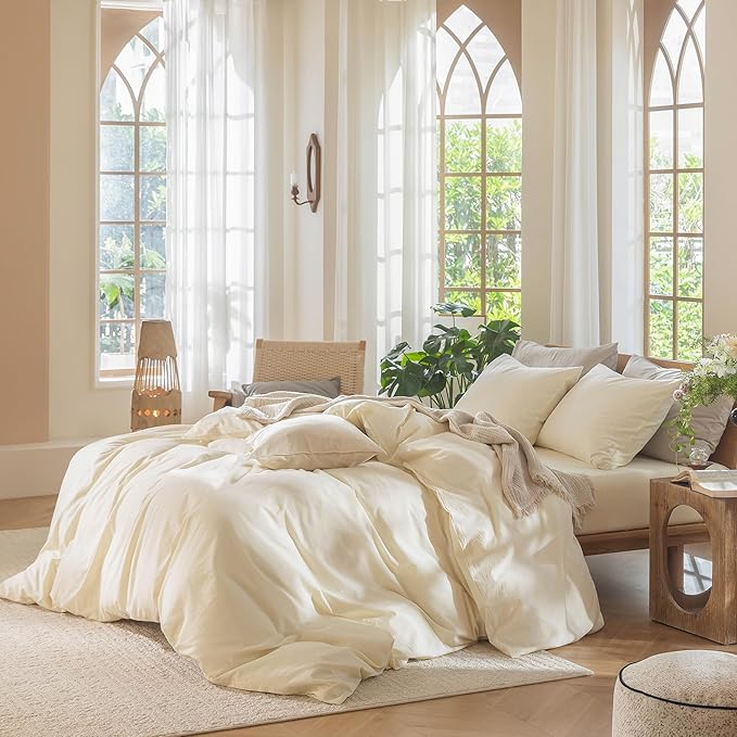 MooMee Bedding Duvet Cover Set 100% Washed Cotton Linen Like Textured Breathable Durable Soft Comfy (Solid Cream White, Twin 68"x90")