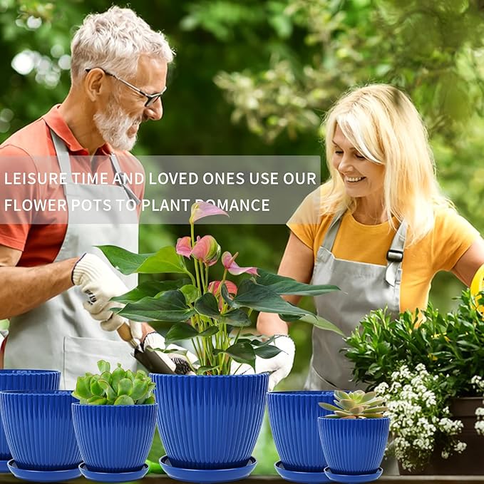 6pcs Plastic Flower Pots, 7.5/6.6/5.8/5.0/4.3/3.5 inches, Indoor/Outdoor Home Decoration, Thick and Durable, with Drainage Holes and Trays