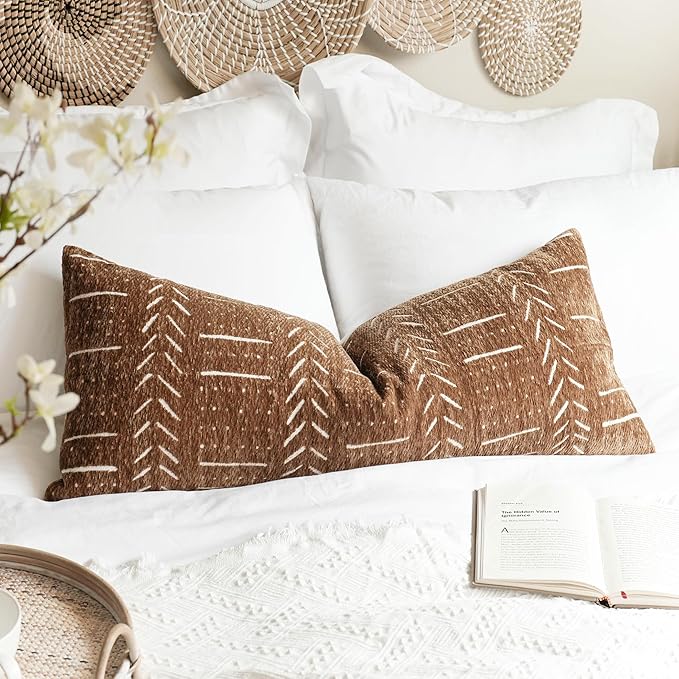 BlissBlush Fall Brown Boho Lumbar Throw Pillow Cover 14X36, Decorative Long Accent Body Lumbar Pillow for Bed, Farmhouse Woven Textured Lumbar Pillowcase for Couch (Cover ONLY)