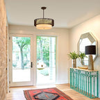 19" Black Rattan Chandeliers Vintage Farmhouse Hand-Woven Wicker Light Fixtures with Bamboo Chandelier Light Fixture Fabric Shade Boho Rattan Hanging Light for Dining Room,Bedroom,Entryway
