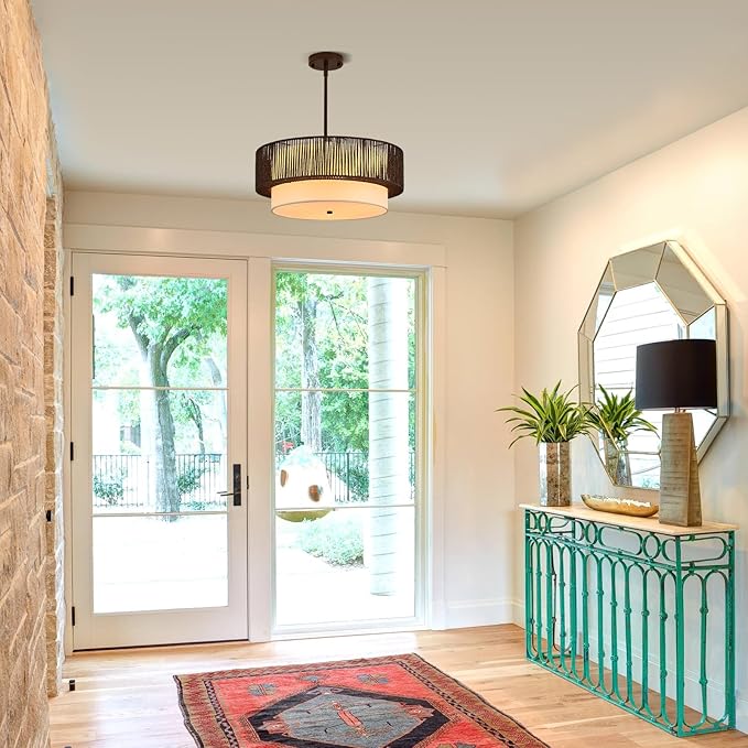 19" Black Rattan Chandeliers Vintage Farmhouse Hand-Woven Wicker Light Fixtures with Bamboo Chandelier Light Fixture Fabric Shade Boho Rattan Hanging Light for Dining Room,Bedroom,Entryway