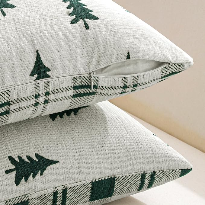MIULEE Christmas Decorative Chenille Throw Pillow Covers, 18x18 Inch, White Dark Green Tree, Set of 2 Cute Trees with Plaid Patterns Pillows for Sofa Couch Bedroom Chair Xmas Home Decor