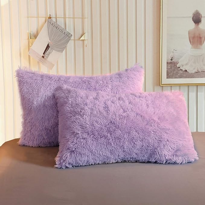 XeGe Faux Fur Lavender Pillow Cases, Plush Shaggy Soft Fluffy Light Purple Decorative Pillowcases, Furry Fuzzy Pillow Shams with Zipper Closure, Set of 2 (King, Orchid Tint)