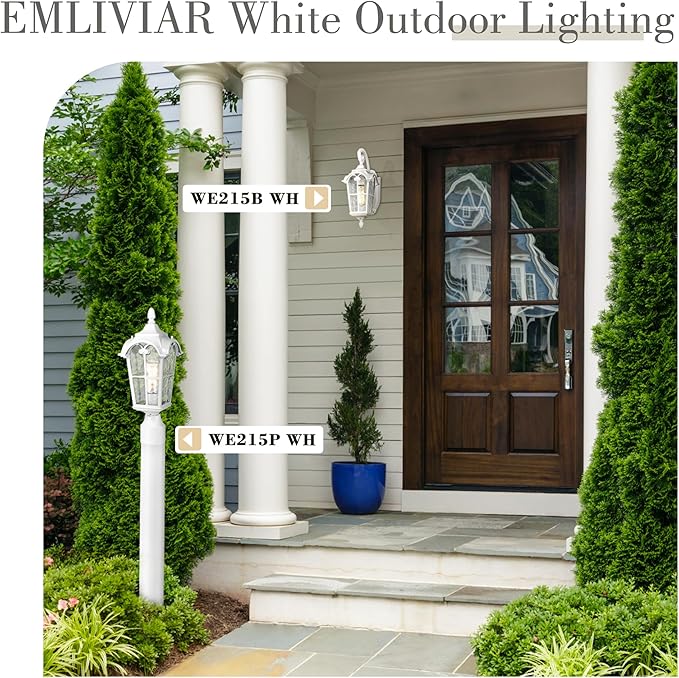 Emliviar Outdoor Wall Lights, 1-Light Modern Outside Lights for House, 17.5 Inch Height with Water Glass, White Finish, WE215B WH
