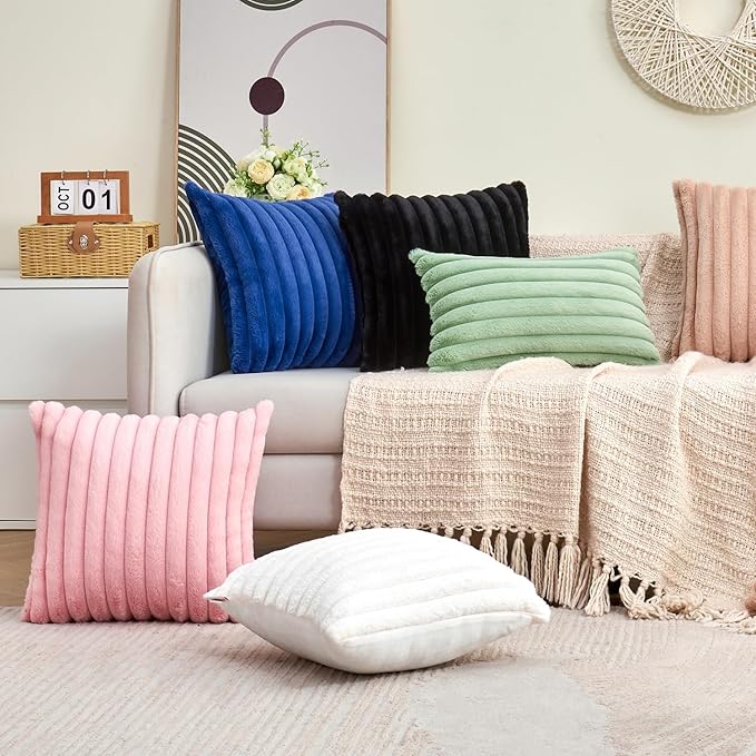Throw Pillow Covers Decorative Faux Fur Set of 2 18x18 Inch Pillow Covers, Soft Black Striped Pillowcases for Couch Sofa Bed Living Room, Fluffy Cute Home Boho Accent Fuzzy Decor
