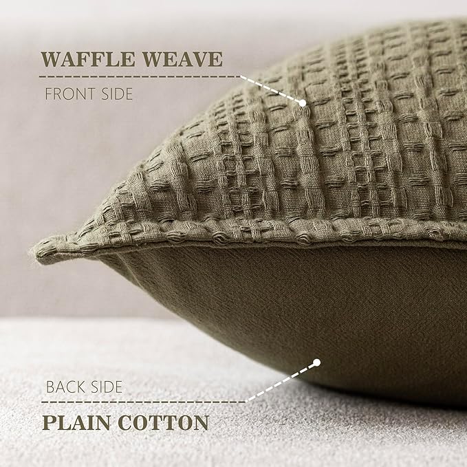 Foindtower Set of 2 Decorative Cotton Waffle Weave Throw Pillow Covers Euro Shams Cushion Covers Accent European Pillowcase for Bed Couch Sofa Bedroom Living Room Home Decor 24×24 Inch Olive Green