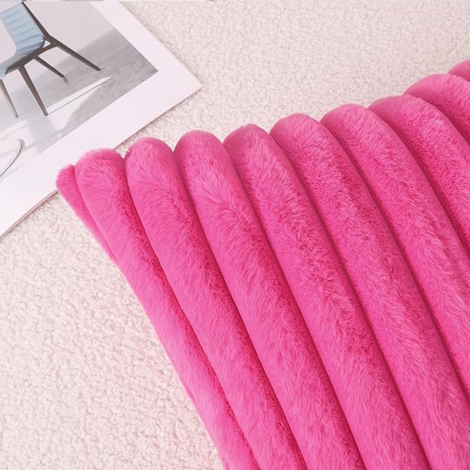 Pallene Faux Fur Plush Throw Pillow Covers 16x16 Set of 2, Luxury Soft Fluffy Striped Decorative Pillow Covers for Sofa, Couch, Living Room, Hot Pink