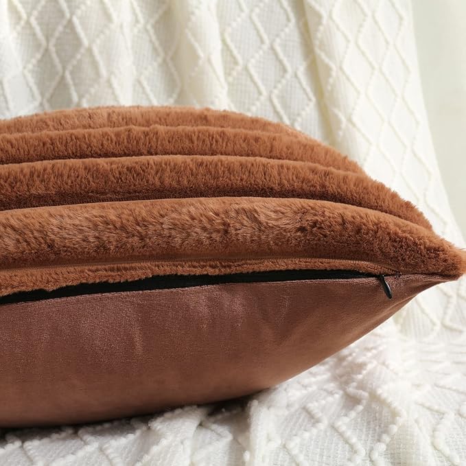 FUTEI Brown Striped Decorative Throw Pillow Covers 16x16 Inch Set of 2,Square Winter Decorations Couch Pillow Case,Soft Cozy Faux Rabbit Fur & Velvet Back,Modern Home Decor for Bed