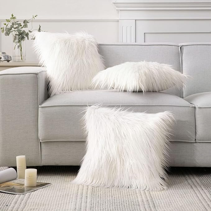 Phantoscope Pack of 2 Faux Fur Striped Throw Decorative Pillow Cover Cushion Covers Luxury Soft Decorative Pillowcase Fuzzy Pillow Covers for Bed/Couch, Cream White 20 x 20 Inches, Pack of 1