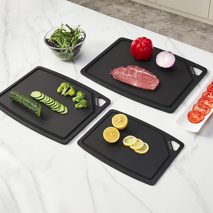 BESTCOOK Wood Fiber Cutting Board Set of 3, Composite Chopping Boards with Juice Groove, Dishwasher Safe, Non-Toxic, BPA-Free, Non-Porous, Non-Slip Feet, Durable for Cutting Meat, Vegetables, Fruit