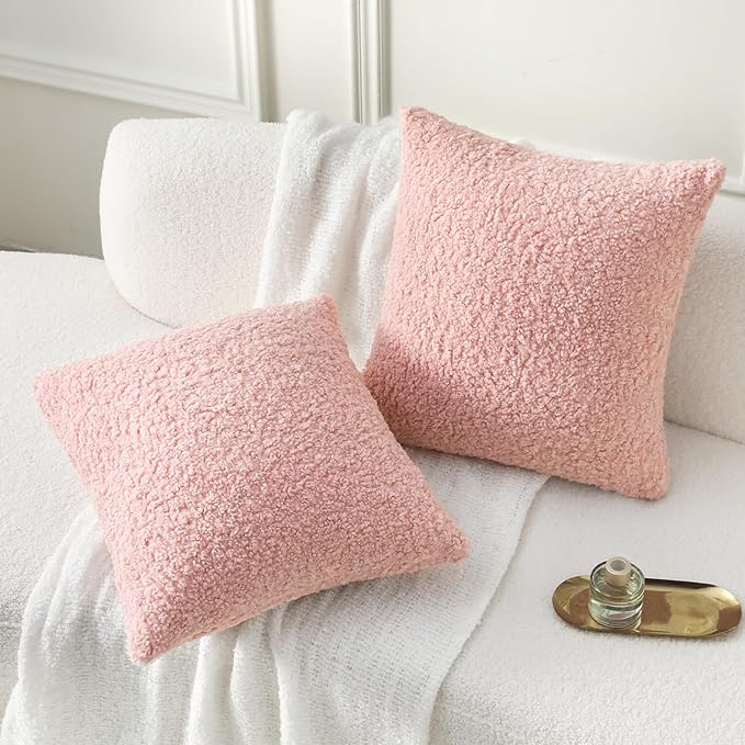 FUTEI Pink Throw Pillow Covers 20x20 Inch Set of 2,Furry Faux Fur Teddy Boucle Textured Cushion Covers,Soft Fluffy Decorative Pillow Case,Home Decor for Couch Bed Living Room Office Car