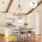 Farmhouse Wagon Wheel Chandelier 23.6" Wooden Rustic Light Fixtures 8-Light Wood Round Chandelier for Dining Room Kitchen Entryway Foyer