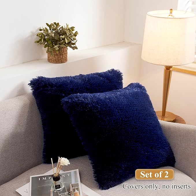 XeGe Faux Fur Throw Pillow Covers, Shaggy Fluffy Cushion Covers, Plush Furry Pillow Cases, Fuzzy Decorative Pillow Shams with Zipper Set of 2 for Sofa Bed Couch Living Room (18''x18'', Navy Blue)