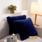 XeGe Faux Fur Throw Pillow Covers, Shaggy Fluffy Cushion Covers, Plush Furry Pillow Cases, Fuzzy Decorative Pillow Shams with Zipper Set of 2 for Sofa Bed Couch Living Room (18''x18'', Navy Blue)