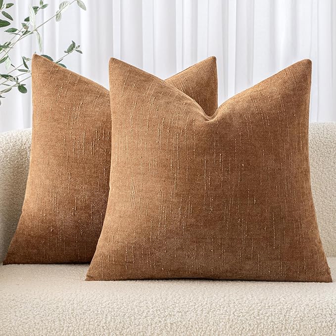 MIULEE Pack of 2 Decorative Throw Pillow Covers Soft Chenille Throw Pillows Solid Neutral Farmhouse Textured Cushion Covers for Couch Sofa Bedroom Living Room 20x20 Inch, Brown