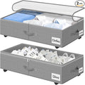 2 Pack Under Bed Storage with Wheels 6.7" Height, Rolling Storage Bins XL 50L, Underbed Shoe Storage Containers with Label & Clear Lid, Dorm Under bed Drawers for Clothes, Shoes, Quick Assembly, Grey