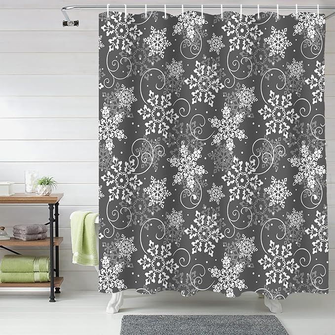 Vandarllin Christmas Shower Curtain, Grey White Snowflakes Pattern Shower Curtains Set with Hooks, Winter Waterproof Fabric Bathroom Curtains Decor Home Accessories, Stall Long 36 X 78 Inch