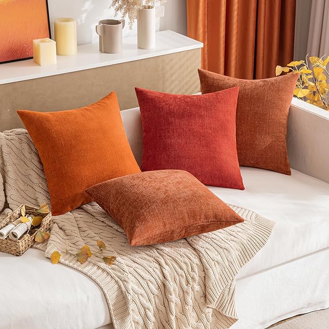 MIULEE Pack of 2 Decorative Throw Pillow Covers Soft Chenille Throw Pillows Solid Textured Fall Cushion Covers for Couch Sofa Bedroom Living Room 20x20 Inch, Dark Rust
