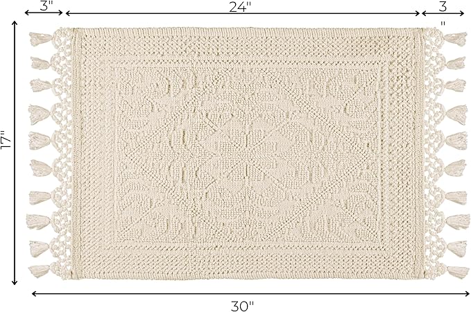 Savi Home Cotton Woven Jacquard Bathroom Rug, Woven Fringe Bathroom Mats, 100% Cotton, Non - Slip Bath Mat, Durable Thick Bath Mat 17”x30” with Fringes, Ivory