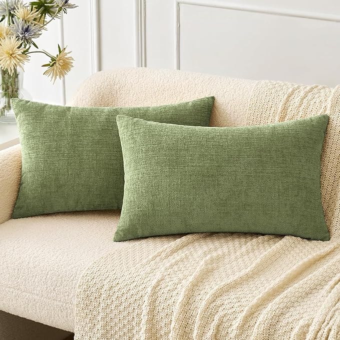 MIULEE Pack of 2 Couch Throw Pillow Covers 14x24 Inch Spring Soft Sage Green Chenille Pillow Covers for Sofa Living Room Solid Dyed Pillow Cases