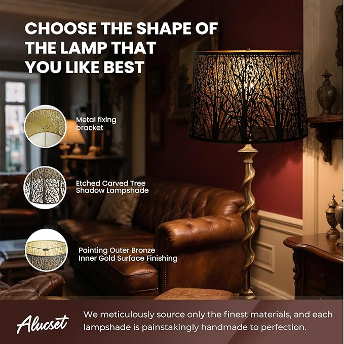 ALUCSET Extra Large Lampshade 14'' Top 16'' Bottom 11'' High Etched Metal Forest Design Metal Lamp Shade For Floor Lamps in Living Room, Bedroom, Decor, Spider Fitter, Antique Bronze and Gold Plated