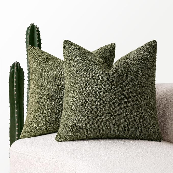 MIULEE 18x18 Inch Decorative Pillow Covers for Couch Bed Set of 2 Textured Boucle Neutral Winter Throw Pillows Olive Green Accent Solid Cushion Pillowcases Sofa Livingroom Home Decor