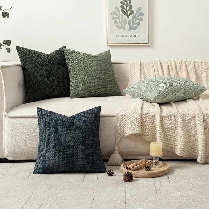 MIULEE Pack of 4 Christmas Couch Throw Pillow Covers 18x18 Inch Neutral Green Soft Decorative Chenille Pillow Covers Farmhouse Accent Cushion Covers for Boho Home Decor Sofa Bedroom Living Room