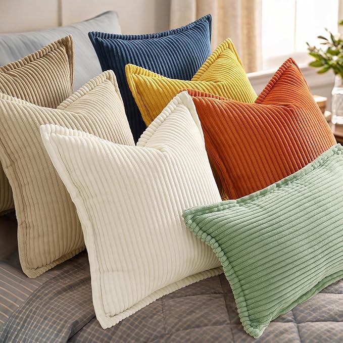 decorUhome Fall Corduroy Rust Throw Pillow Covers 12x20 Set of 2 Decorative Soft Boho Farmhouse Lumbar Euro Couch Pillow Covers for Living Room Bed Sofa Broadside Striped Pillow Cases