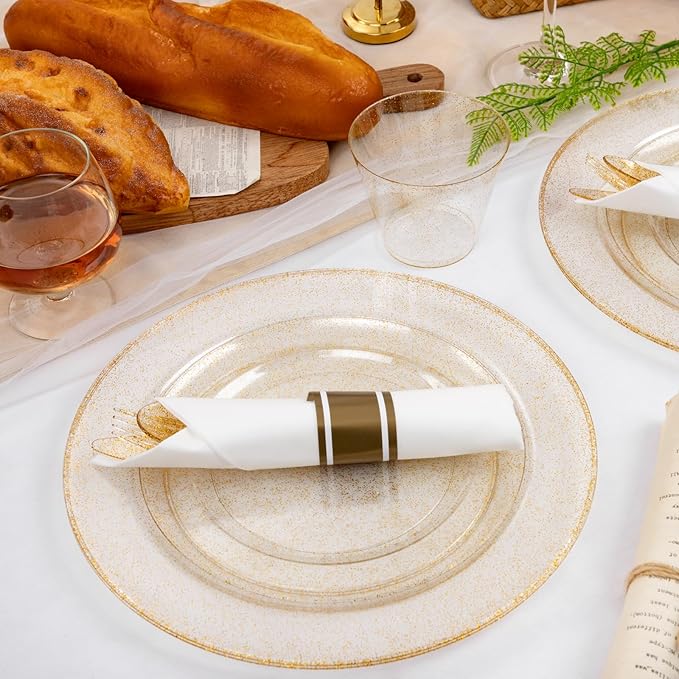 WELLIFE 210Pcs Gold Glitter Dinnerware Set, Gold Glitter Disposable Dinnerware for 30 Guests, Include: 30Dinner Plates, 30Dessert Plates, 90Gold Glitter Silverware, 30 Cups, 30 Paper Napkins