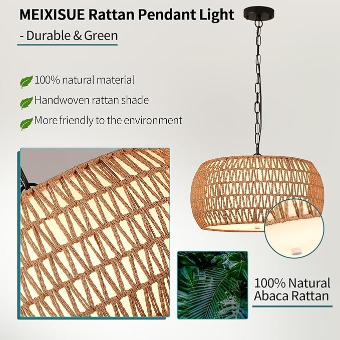 Boho Chandeliers for Dining Room,Rattan Chandeliers with Fabric Shade,Farmhouse Dining Room Light Fixtures,Kitchen Island Lighting 5-Lights Hand Woven Drum Chandelier,18 in,UL Listed