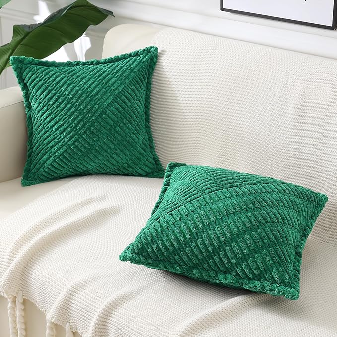 decorUhome Decorative Christmas Green Throw Pillow Covers 20x20 Set of 2 with Splicing, Boho Soft Neutral Corduroy Broadside Twill Pillow Covers for Couch Bed Sofa Living Room