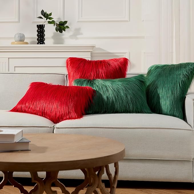 Phantoscope Pack of 2 Christmas Faux Fur Throw Pillow Covers Cushion Covers Luxury Soft Decorative Pillowcase Fuzzy Pillow Covers for Bed/Couch, Red 18 x 18 Inches