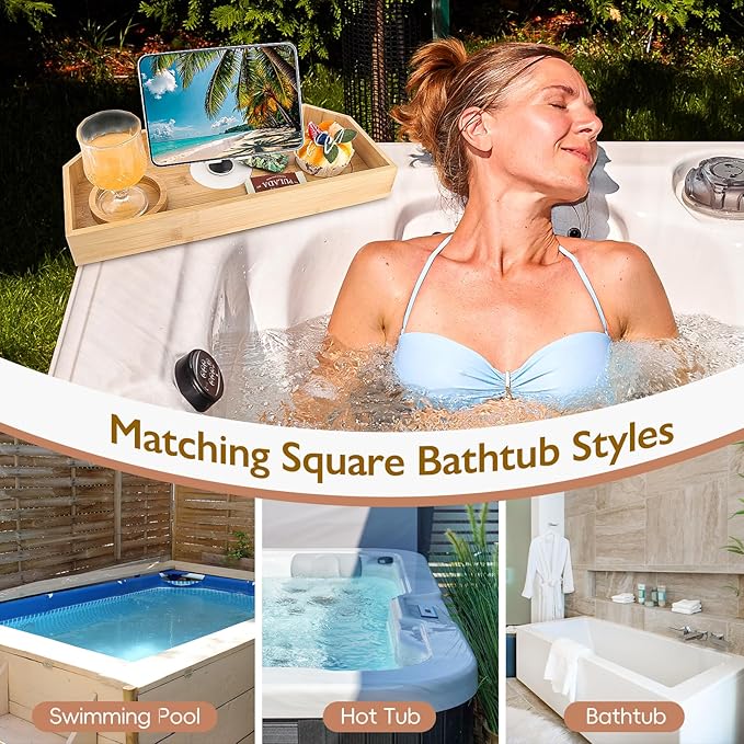 Bamboo Hot Tub Tray with Phone Slot Waterproof Bath Tub Tray Wood Non-Slip Side Table & Beverage Holder for Hot Tubs & Bathtubs for Drinks and Essentials Relaxation Caddy for Your Spa Time