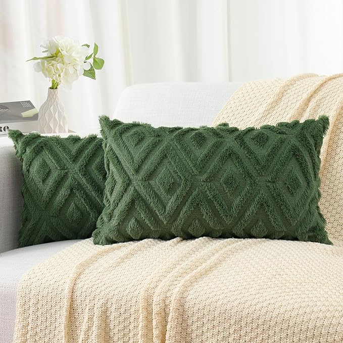 Pallene Christmas Forest Elf Throw Pillow Covers 12x20 Set of 2, Soft Plush Faux Fur Decorative Lumbar Couch Pillow Covers for Sofa Bed Living Room Pillow Cases with 3D Diamond Pattern