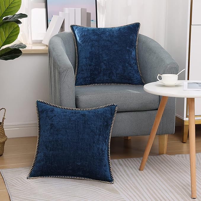 decorUhome Chenille Soft Throw Pillow Covers 20x20 Set of 2, Farmhouse Velvet Neutral Decorative Euro Pillow Covers with Stitched Edge for Couch Sofa Bed Home Decor, Poseidon