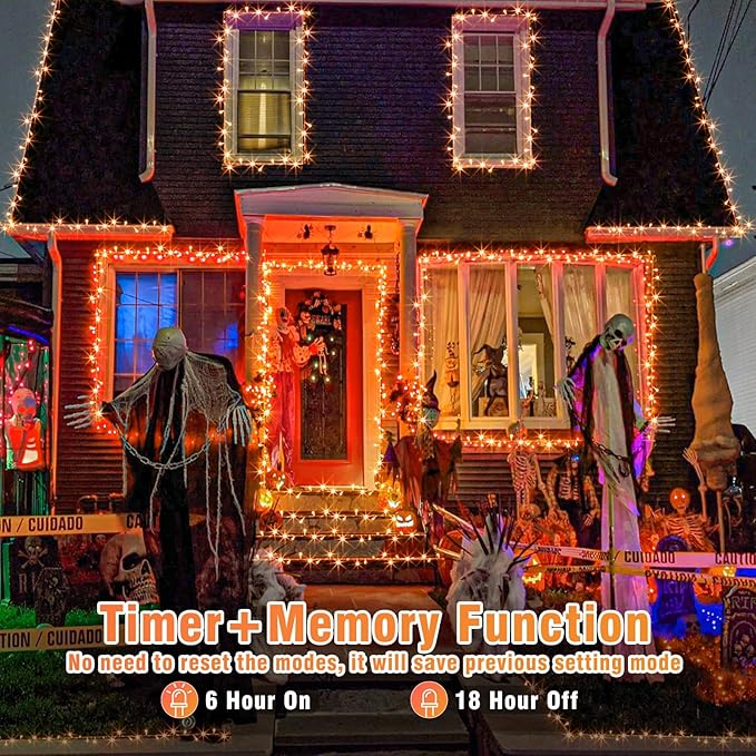 Vivideal 200 LED Orange Halloween Lights Outdoor Waterproof 66ft Halloween String Lights Indoor 8 Modes Clear Wire, Plug in Orange String Light for Xmars Tree Bedroom Thanksgiving Decorations