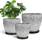 Ceramic Pots for Plants - 10+8+6 Inch Round Flower Pots with Drainage Holes and Saucers, Decorative Planters for Indoor Outdoor, Porch Decor, Housewarming Gifts, Set of 3, White-Black