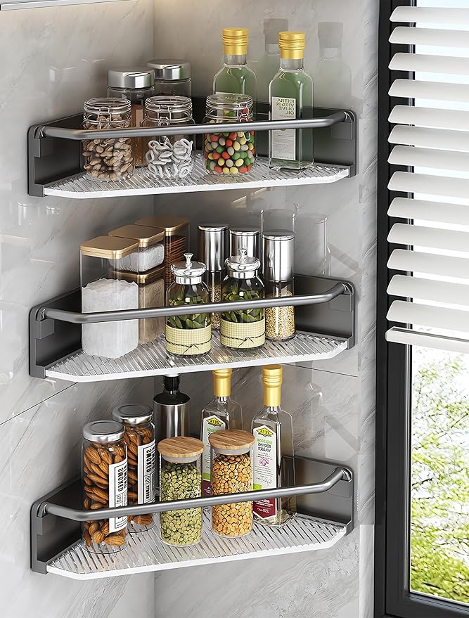Corner Shower Caddy, 2 Pack Adhesive Bathroom Shelves，Acrylic Shower Shelf Rack, No Drilling Bathroom Organizers and Storage Racks,Black
