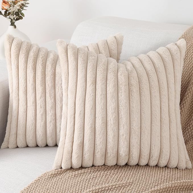Pallene Faux Fur Plush Throw Pillow Covers 26x26 Set of 2, Luxury Soft Fluffy Striped Decorative Pillow Covers for Sofa, Couch, Living Room, Apricot