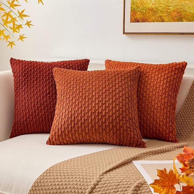 Kevin Textile Fall Corduroy Pillow Covers 26x26 Inch 2 Packs Soft Cozy Euro Pillows with Stripe Pattern Big Throw Pillowcases for Couch Sofa Bedroom Home Decor, Rust