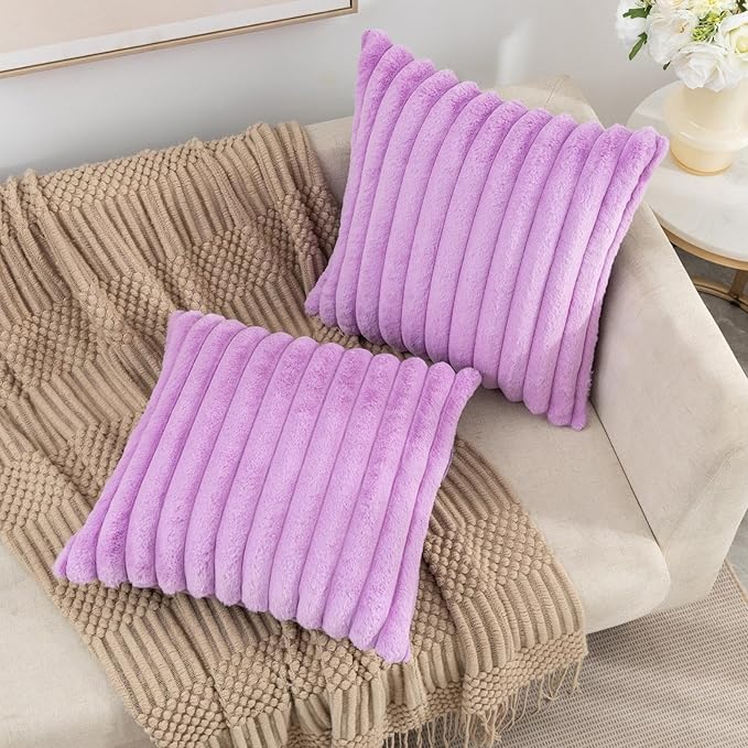 ZLINA Set of 2 Light Purple Faux Fur Decorative Throw Pillow Covers Fluffy Striped Pillowcase Cushion Covers 20 x 20 Inch Decor Sofa Couch Bedroom