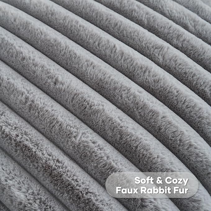 FUTEI Grey Striped Decorative Throw Pillow Covers 18x18 Inch Set of 2,Square Winter Decorations Couch Pillow Case,Soft Cozy Faux Rabbit Fur & Velvet Back,Modern Home Decor for Bed