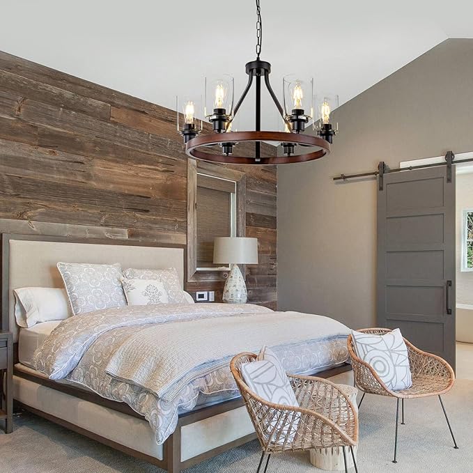 6-Light Farmhose Chandelier for Dining Room Light Fixture Faux Wood Kitchen Pendant Light Round Rustic Ceiling Hanging Lighting with Glass Globes Adjustable Height Metal E26