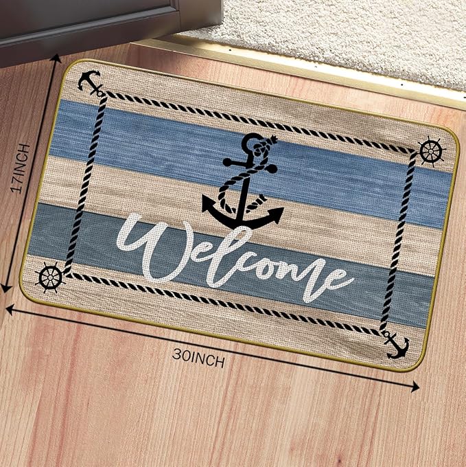 Mingnei Nautical Rug, Outdoor Welcome Mat, Blue Boat Floor Mat for Indoor/Outdoor 30 x 17