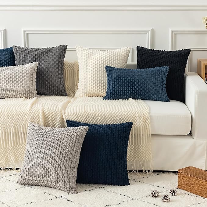Kevin Textile Set of 2 Decorative Pillow Cover Solid Striped Corduroy Plush Velvet Boho Cushion Cover for Couch 50cm 20 x 20 Inch Cream