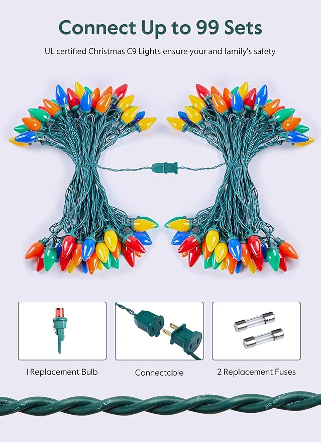 C9 Christmas Lights Outdoor, 50Feet Vintage Christmas String Lights with 50 Colored Bulbs, Connectable Waterproof Lights for Holiday Party Roofline Backyard Garden Patio, Green Wire (Multicolor)