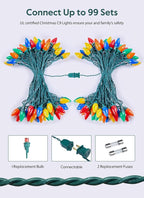C9 Christmas Lights Outdoor, 50Feet Vintage Christmas String Lights with 50 Colored Bulbs, Connectable Waterproof Lights for Holiday Party Roofline Backyard Garden Patio, Green Wire (Multicolor)